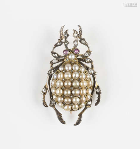 A diamond, cultured pearl and ruby brooch, designed as a beetle, mounted with rose cut diamonds