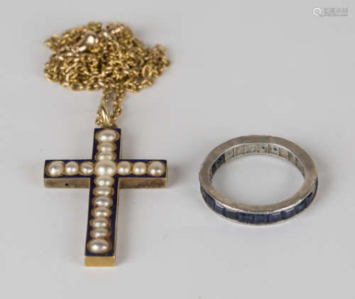 A Victorian gold, blue enamelled and half-pearl set pendant cross, length 4.2cm, with a gold oval