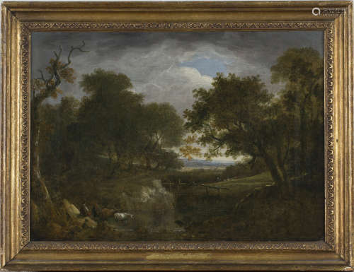 Benjamin Barker of Bath - Landscape with Figures resting and Cattle watering, oil on canvas,