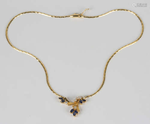 An 18ct gold, sapphire and diamond necklace, the front with stylized foliate motifs, mounted with