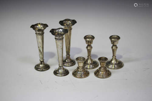 Three Edwardian silver trumpet shaped spill vases, Chester 1904 by Jay, Richard Attenborough & Co,