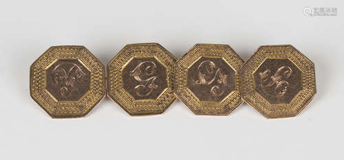 A pair of 9ct gold octagonal cufflinks, initial engraved within engine turned borders, Chester