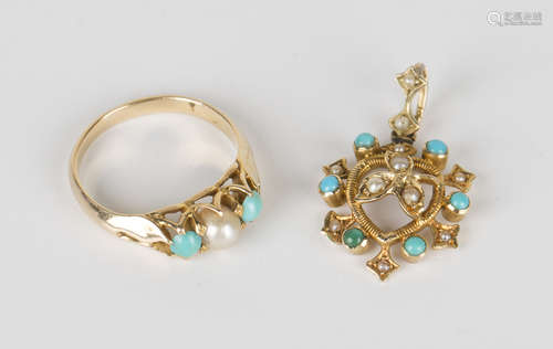 A gold, turquoise and seed pearl heart shaped pendant, circa 1910, the centre with a trefoil