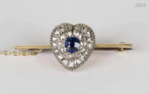 A gold and silver set, sapphire and diamond bar brooch in a heart shaped cluster design, mounted