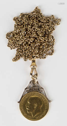 A gold oval link long guard chain with a swivel clasp, detailed '9c', length 125cm, and a George V