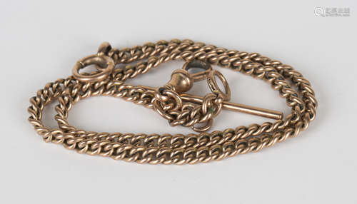 A 9ct gold curblink watch Albert chain with boltring clasp, swivel and T-bar, total length 36.2cm.