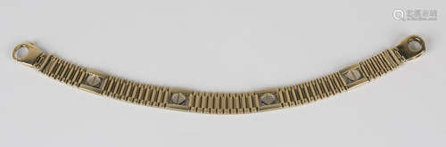 A 9ct two colour gold bracelet in a bar link design and simulated screw head design, on a sprung