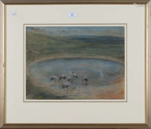 Edward Stott - Wading Birds in a Pond, late 19th/early 20th century pastel, signed with initials