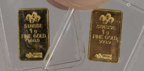 Two Swiss one gram fine gold 999.9 rectangular ingots.Buyer’s Premium 29.4% (including VAT @ 20%) of