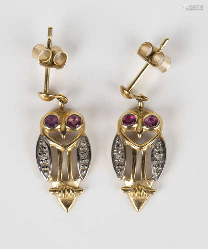 A pair of 9ct gold, ruby and diamond pendant earrings, each designed as an owl with ruby set eyes,