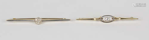 A gold and diamond three stone bar brooch, detailed '15', width 6cm, and a gold and diamond bar