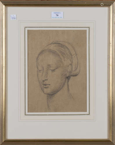 Edward Stott - Female Head Study, late 19th/early 20th century pencil, Abbott and Holder label