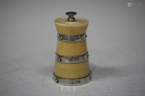 A George V silver banded ivory pepper mill of churn form, Birmingham 1930 by Hukin & Heath Ltd,