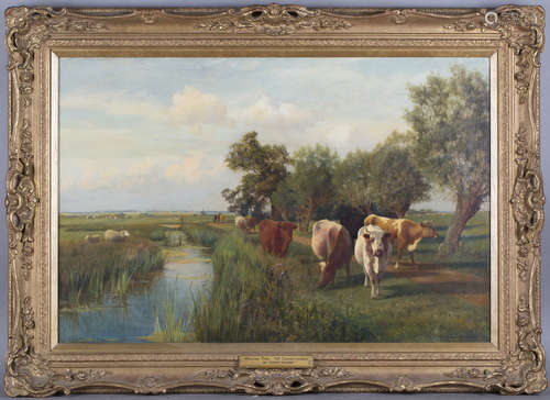 William Sidney Cooper - 'Milking Time, Nr Christchurch', late 19th/early 20th century oil on canvas,