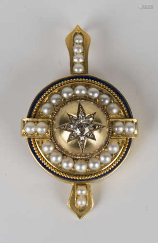 A gold, diamond, half-pearl and blue enamelled pendant locket of Etruscan style, star set with a