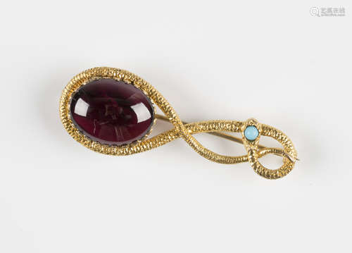 A Black, Starr & Frost gold, cabochon garnet and turquoise brooch in the form of an entwined