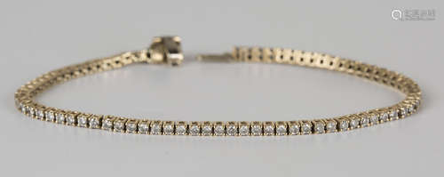 A gold and diamond bracelet, claw set with a row of circular cut diamonds within square shaped