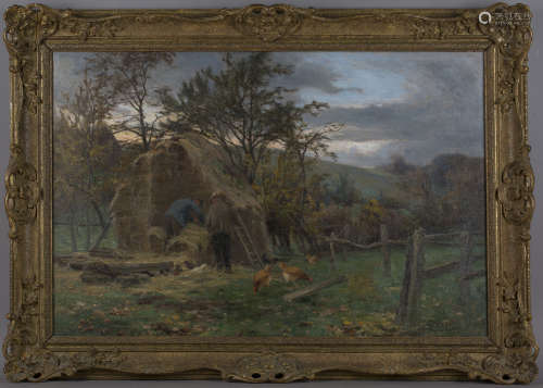 William Greaves - Landscape with Haystack and Figures cutting Bales, early 20th century oil on