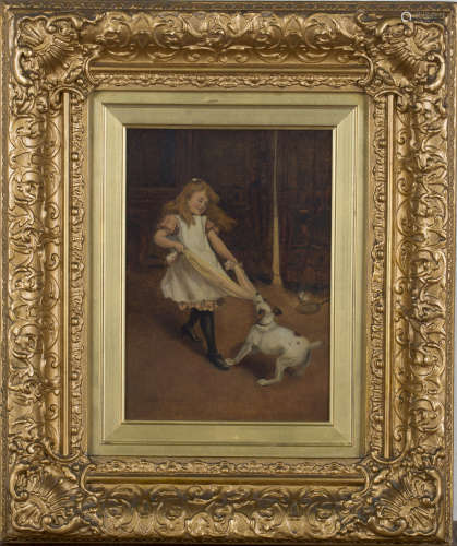 Cattermole - Girl playing Tug o' War with a Jack Russell Terrier in an Interior, oil on board,
