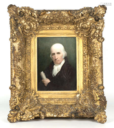 Andrew Robertson - Half Length Portrait of Benjamin West holding a Scroll, watercolour on ivory,