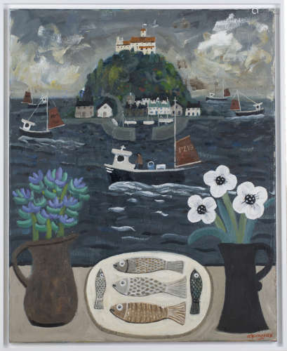 Alan Furneaux - St. Michael's Mount with Still Life, 21st century oil on canvas, signed, 76cm x 60.