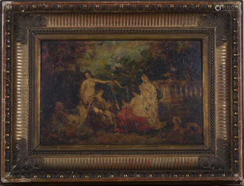Adolphe Monticelli - Fête Galante Scene, 19th century oil on panel, signed, 19.5cm x 30.5cm,