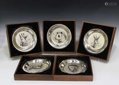 A set of five French sterling silver collectors' plates, each decorated with a different animal by