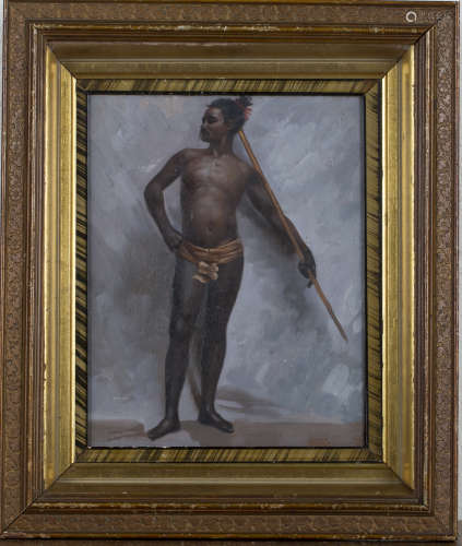 European School - Full Length Portrait of a Polynesian Man with Staff, 20th century oil on board,