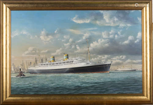 Robert G. Lloyd - The Cruise Ship Nieuw Amsterdam leaving New York, the Manhattan Skyline beyond,