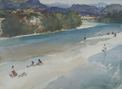 William Russell Flint - 'Washerwomen by the Drôme (between Crest and Aouste)', watercolour, signed