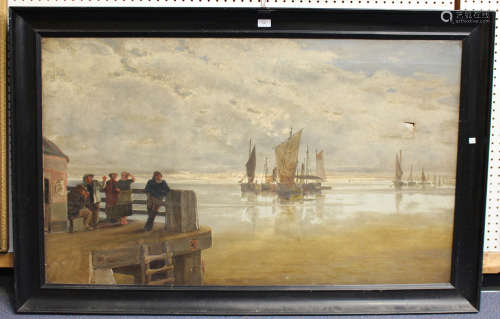 Newlyn School - Coastal Landscape with Boats and Figures, late 19th/early 20th century oil on
