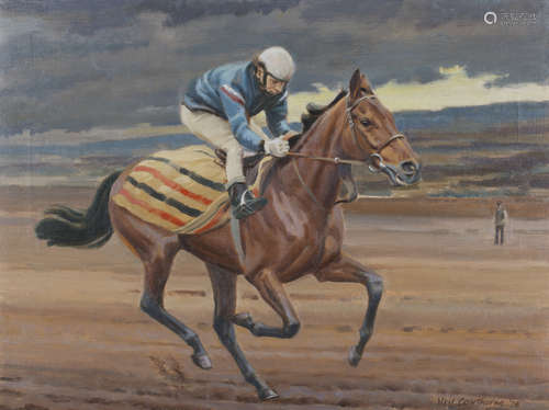 Neil Cawthorne - Racehorse Red Rum with Jockey-up, training on a Beach, 20th century oil on