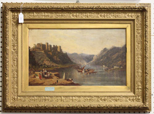 Continental School - River Valley with Castle, Boats, and Figures, 19th century oil on canvas,