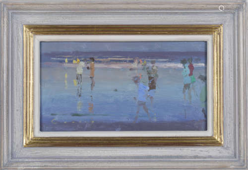 Fred Cuming - 'Evening Walkers, Camber', 20th century oil on board, signed recto, titled to