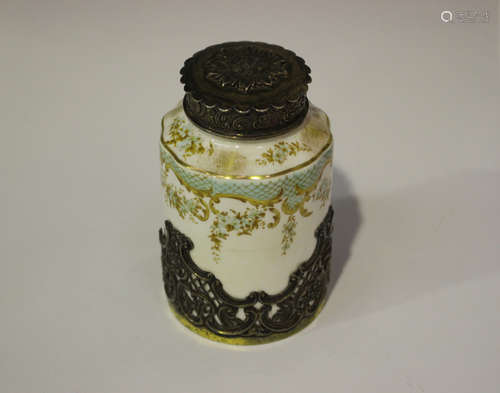 A late Victorian silver mounted Crown Staffordshire porcelain cylindrical tea caddy, the sleeve