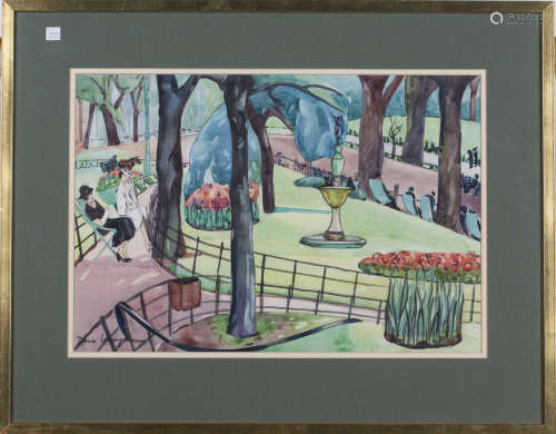 Doris Vaughan - Figures in a Park Setting, 20th century watercolour, signed, 34cm x 49.5cm, within a