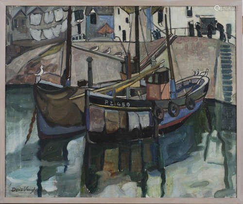Doris Vaughan - Penzance Boats in a Harbour, probably Mousehole, 20th century oil on canvas, signed,