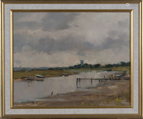 Edward Wesson - View from Morston to Blakeney, Norfolk, 20th century oil on canvas, signed, 39cm x