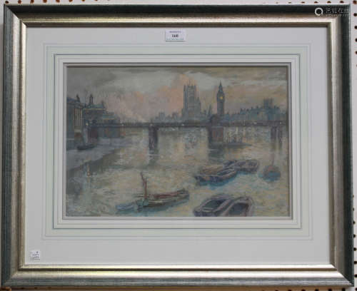 Claude Marks - Westminster from the Thames, watercolour with gouache and coloured chalks, signed,