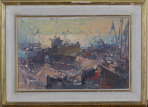 John Martin - 'Fishing Boats at Hastings', 20th century oil on board, signed with initials recto,