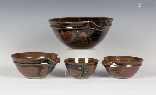 A set of three David Lloyd Jones studio pottery stacking bowls, each of flared circular shape with