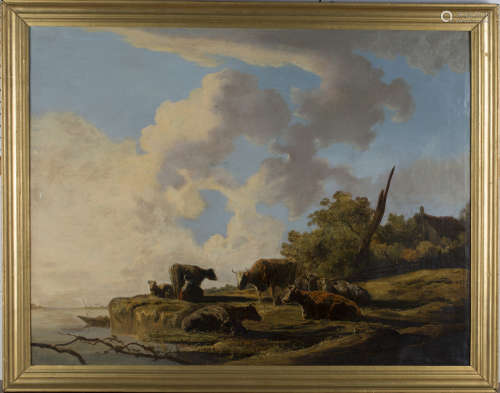 Circle of Aelbert Cuyp - Cattle on a Riverbank, 17th century oil on canvas, 71cm x 92.5cm, within