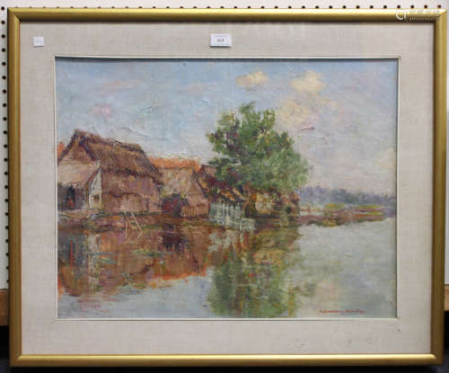 Maaike Adriana Barthélemy-Kronenberg - Landscape with River and Buildings, 20th century oil on