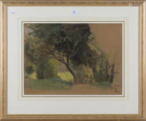 Edward Stott - Woodland Study, late 19th/early 20th century pastel, Abbott and Holder label verso,