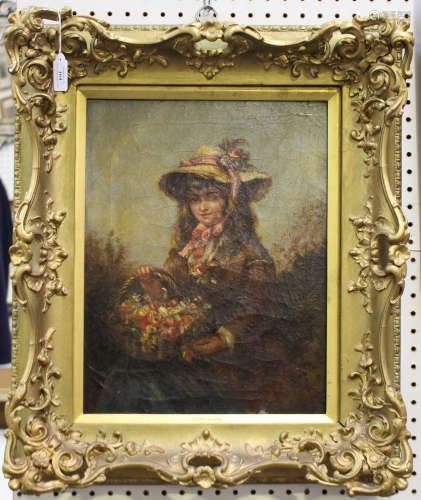 Follower of Thomas Faed - Girl wearing a Bonnet and holding a Basket of Flowers, 19th century oil on