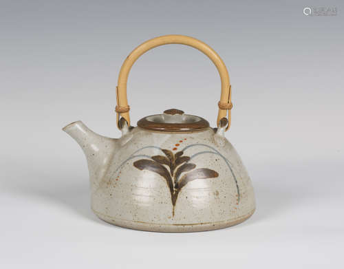 A David Leach Lowerdown Pottery stoneware teapot and cover, painted to each side with a stylized