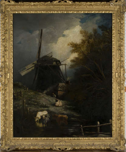 Follower of John Constable - Landscape with Windmill and Cattle, late 18th/early 19th century oil on