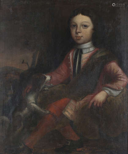 Circle of James Maubert - Full Length Portrait of a Young Boy seated in a Landscape with a Pet