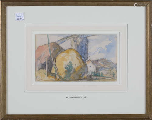 Frank Brangwyn - Haystack, Windmill and Farm Buildings, watercolour over charcoal, signed with