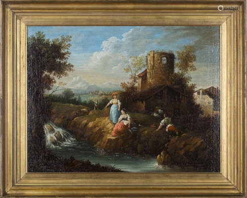 Dutch School - River Landscapes with Figures and Buildings, a pair of 18th century oils on canvas,